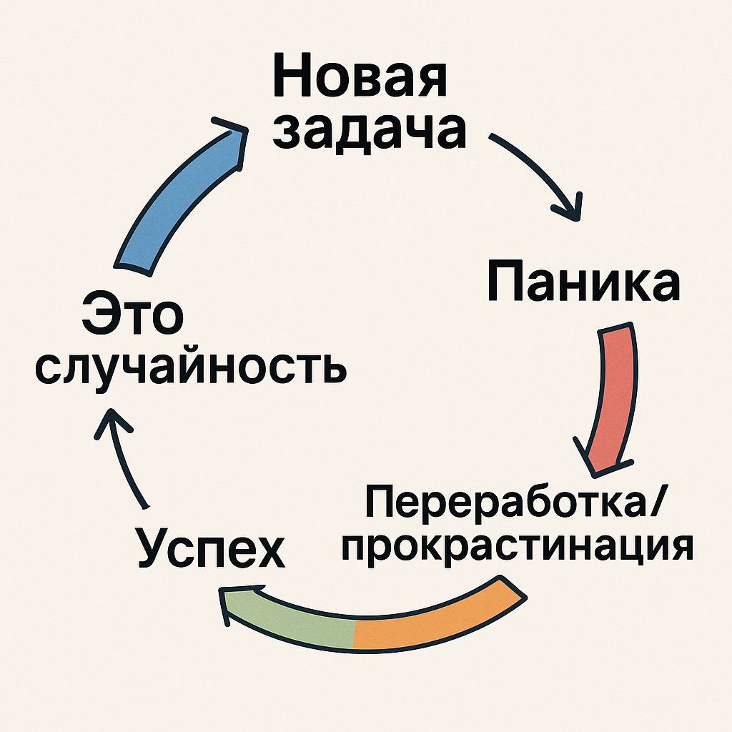 Круговая диаграмма с этапами: "Новая задача" → "Паника" → "Переработка/прокрастинация" → "Успех" → "Это случайность" → снова "Новая задача"